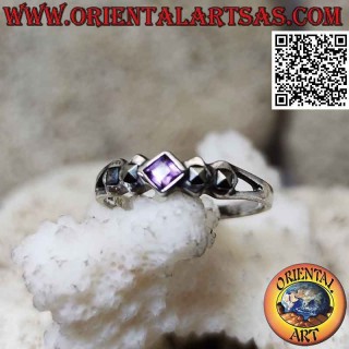 Silver ring with square rhomboid amethyst and double marcasite on the sides