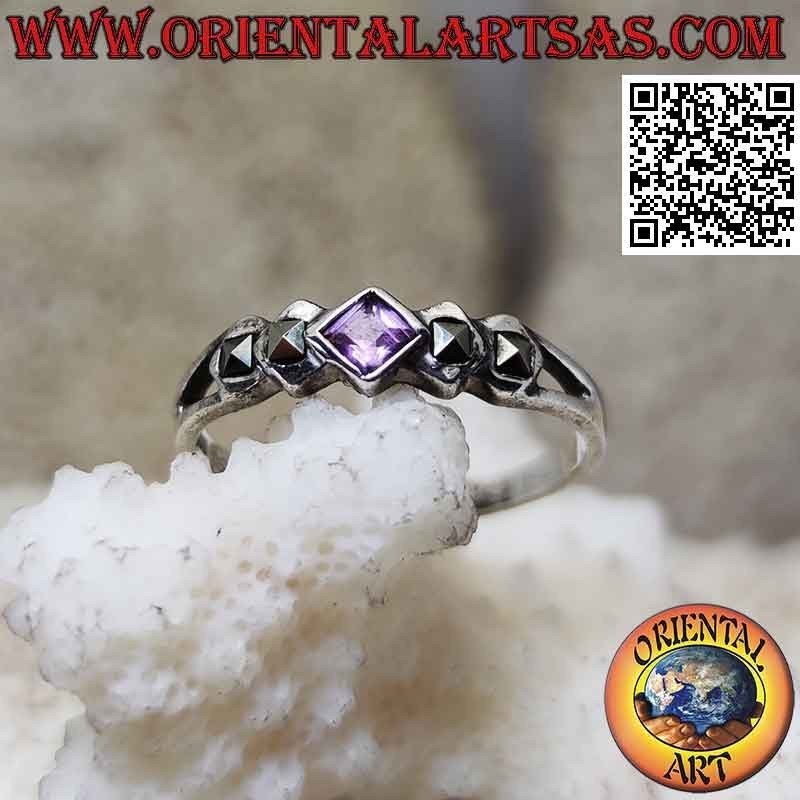 Silver ring with square rhomboid amethyst and double marcasite on the sides