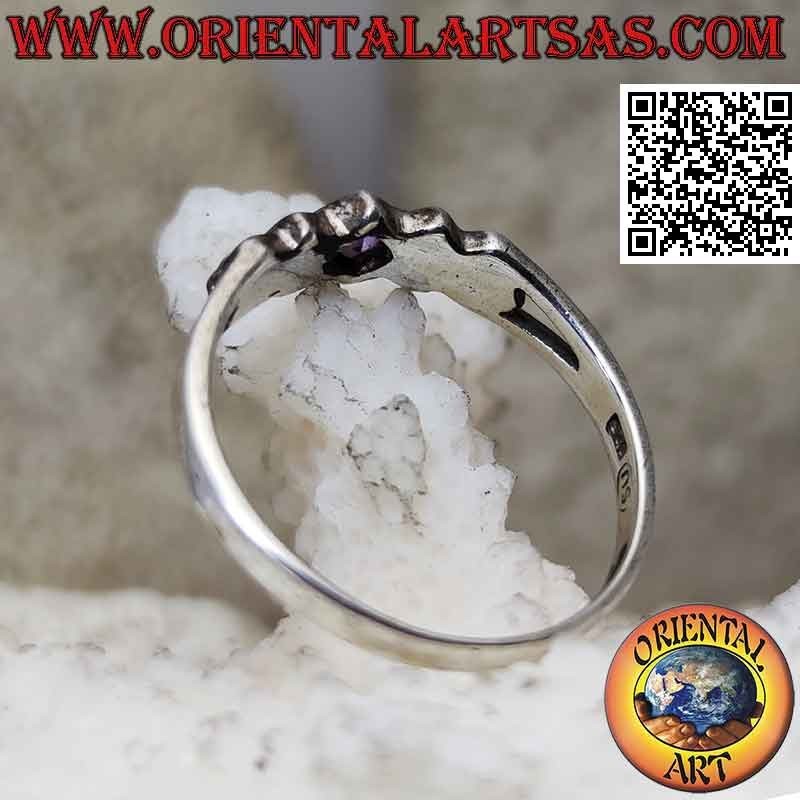 Silver ring with square rhomboid amethyst and double marcasite on the sides
