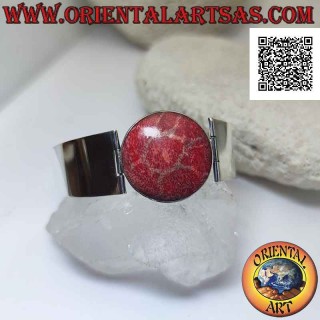 Pulsera de plata 925 ‰ con madrepora roja (coral) y correa rígida, ancha y lisa