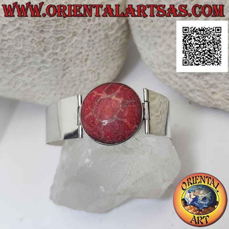 925 ‰ silver bracelet with red madrepora (coral) and rigid, wide and smooth strap