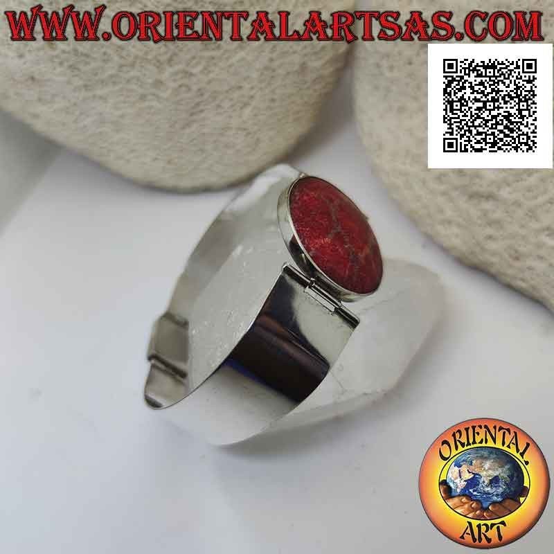 925 ‰ silver bracelet with red madrepora (coral) and rigid, wide and smooth strap