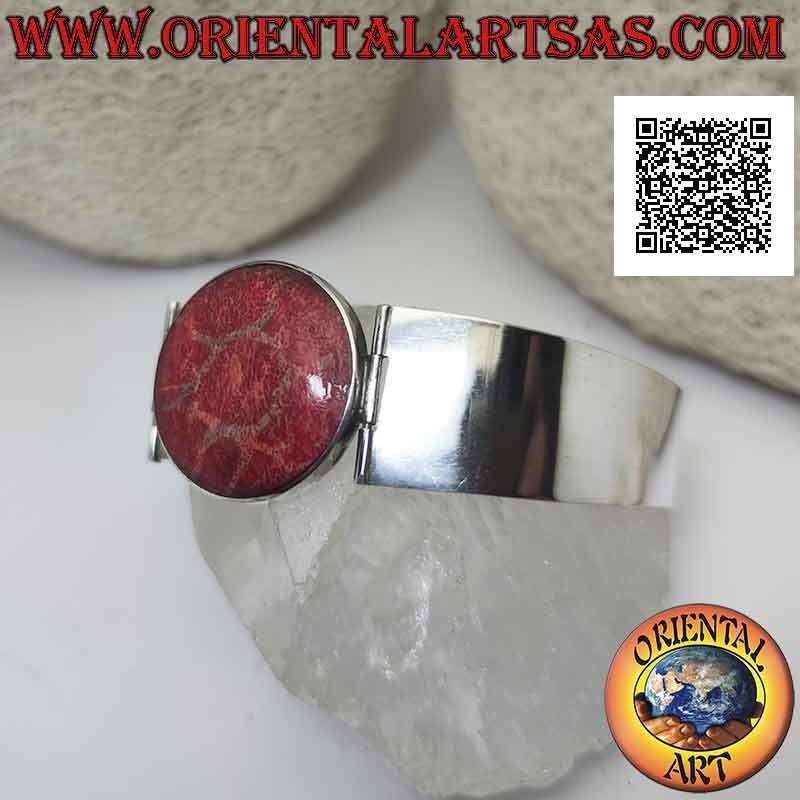 Pulsera de plata 925 ‰ con madrepora roja (coral) y correa rígida, ancha y lisa
