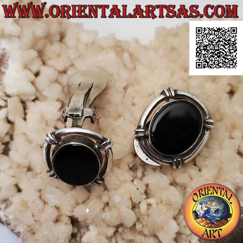 Silberohrringe mit Clipverschluss mit ovalem Onyx umgeben von einem Ring (ohne Loch)