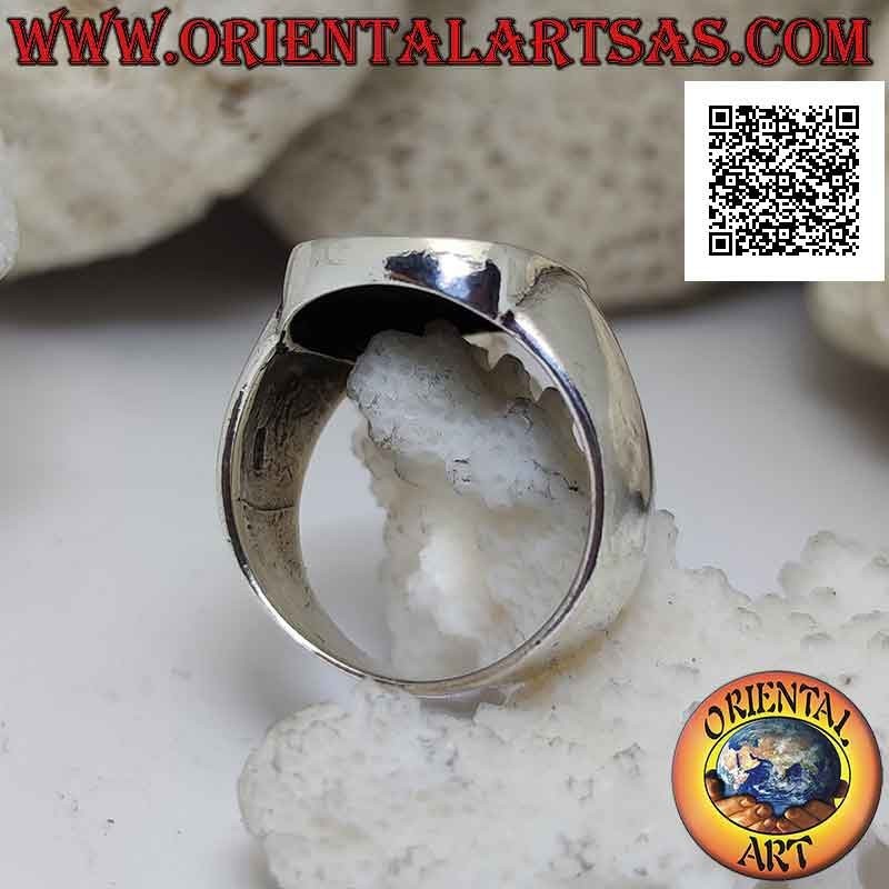 Smooth silver ring with lindworm (dragon) crawling in the curved rectangle in bas-relief