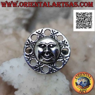 Round silver ring with a shaped face of the sun and perforated circles around it