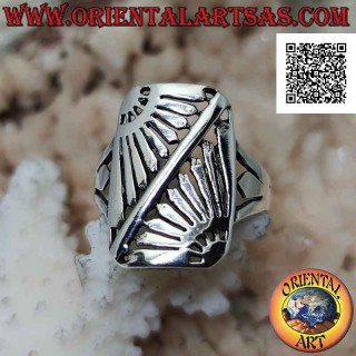 Bague rectangulaire en argent avec miroir oblique soleil levant gravé ajouré