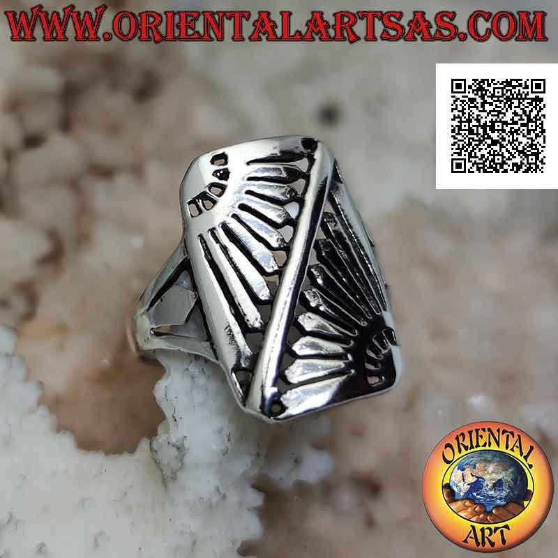 Bague rectangulaire en argent avec miroir oblique soleil levant gravé ajouré