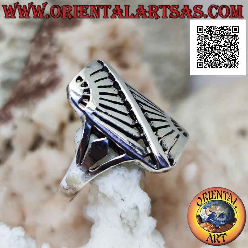 Bague rectangulaire en argent avec miroir oblique soleil levant gravé ajouré