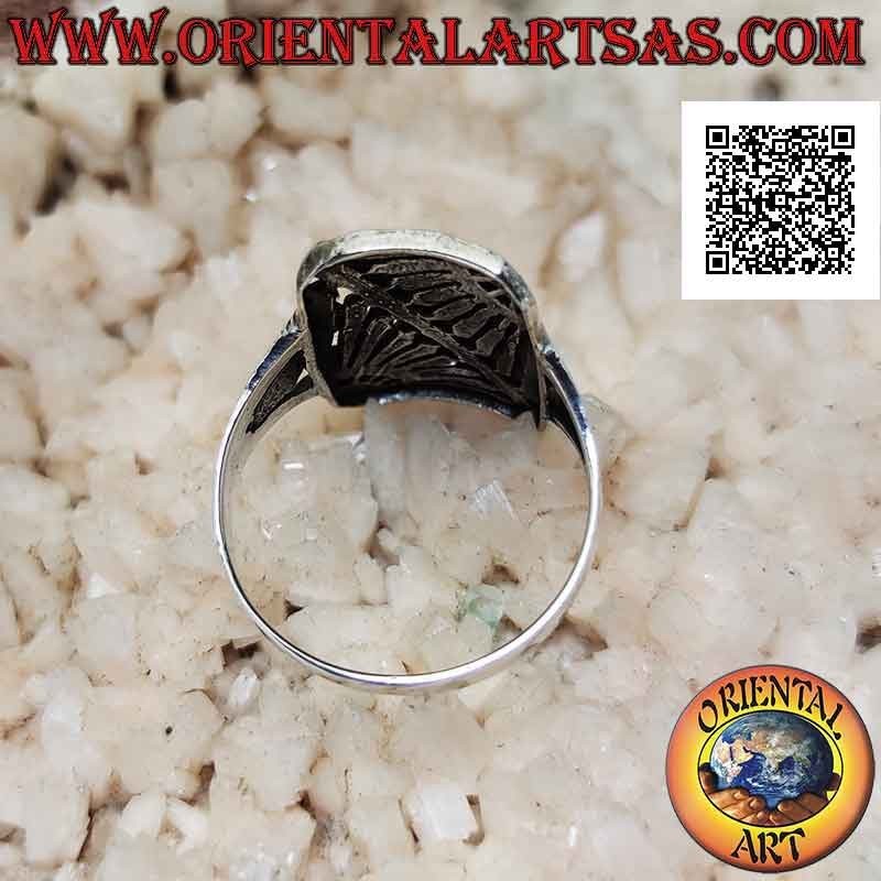 Bague rectangulaire en argent avec miroir oblique soleil levant gravé ajouré