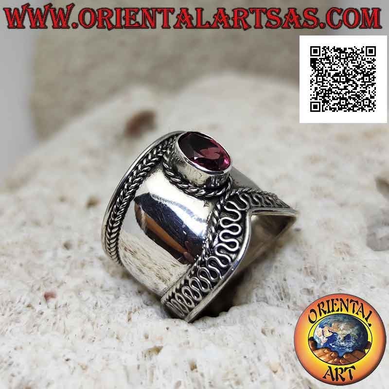 Wide V-band silver ring with oval garnet and serpentine on one side, Bali