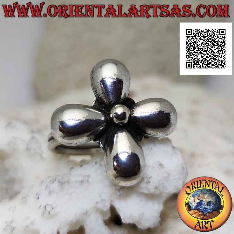 Silver ring in the shape of a flower with four smooth rounded petals and a central ball