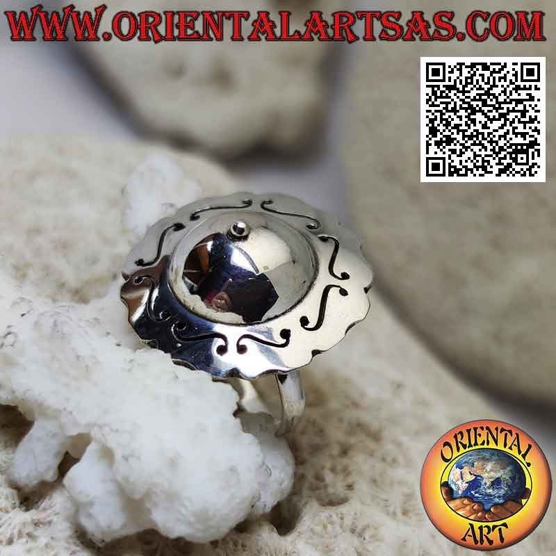 Silver round hat ring with smooth dome and Greek engraved around