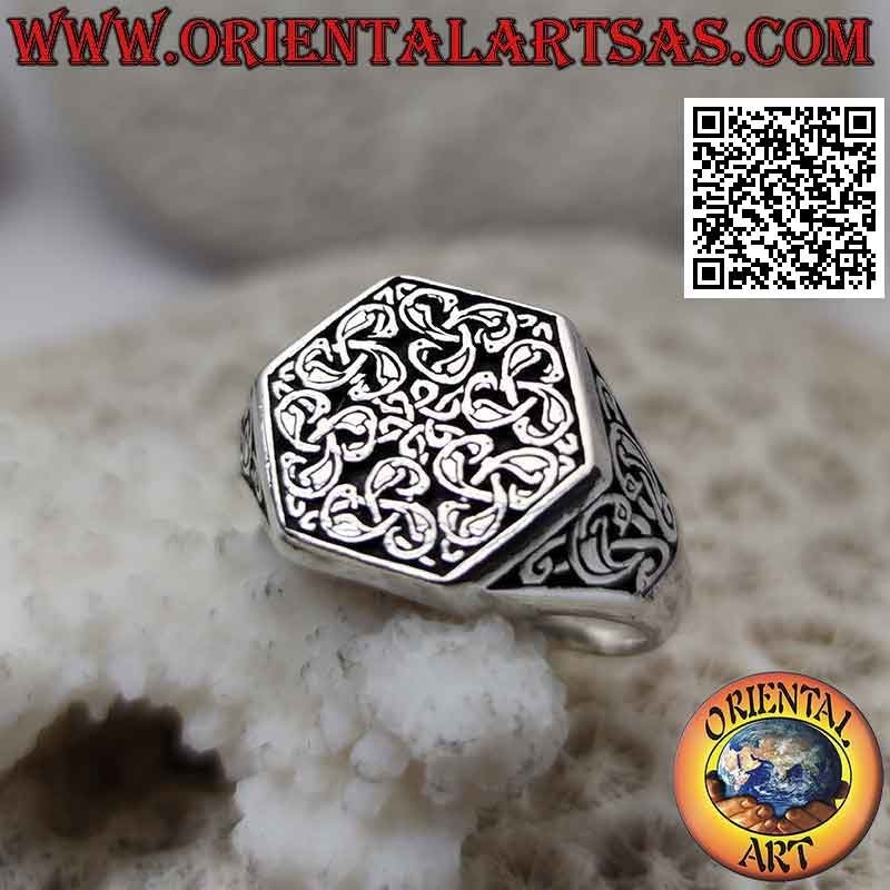 Swan triskell knots hexagonal silver signet ring