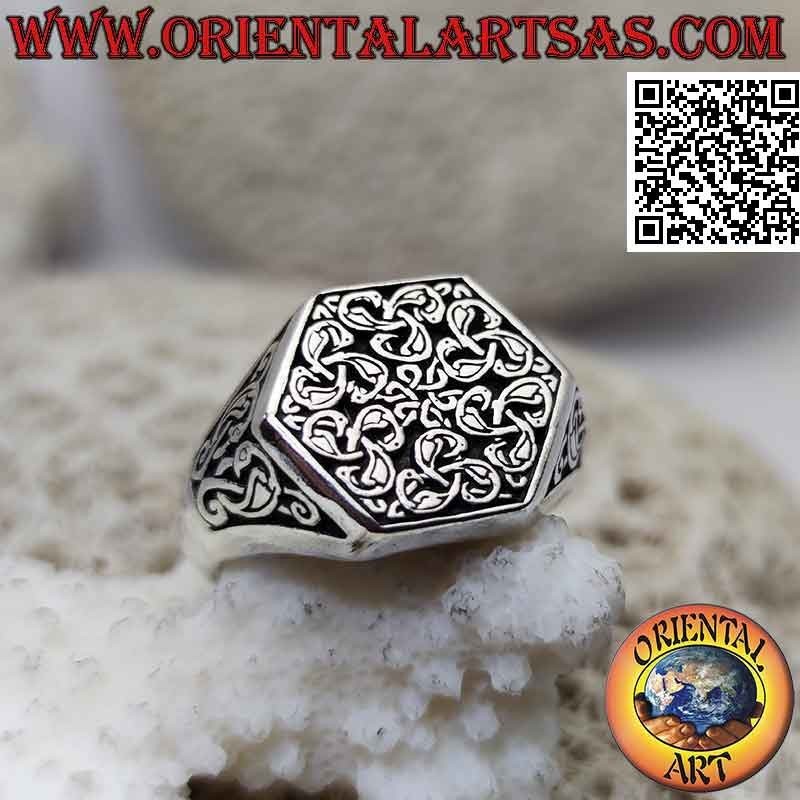 Swan triskell knots hexagonal silver signet ring