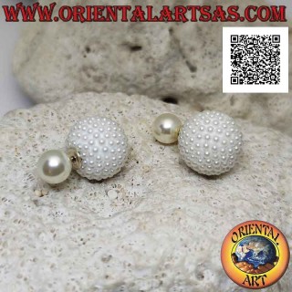 Silver lobe earrings with beaded sphere and white pearl (Dior style) (large)