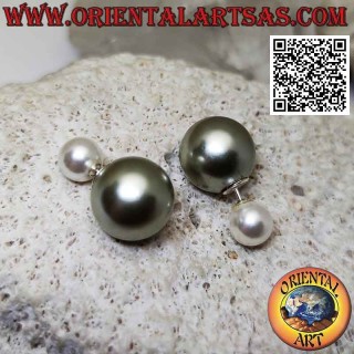 Pendientes de doble lóbulo perla gris plateado y blanco (estilo Dior)