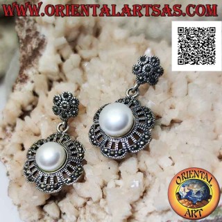 Silver earrings with six petals openwork flower studded with marcasite with central pearl