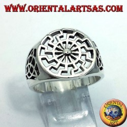 925 sterling silver ring featuring a central Black Sun symbol and Tyrone Celtic knots on the sides.