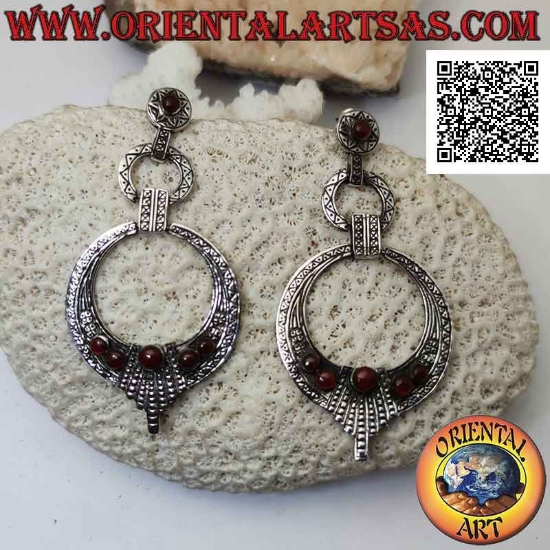 Silver earrings from lobe to trio of hanging growing discs with ethnic engravings and natural carnelian
