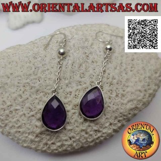 Silver hook earrings with synthetic amethyst in a faceted drop surrounded by a smooth edge