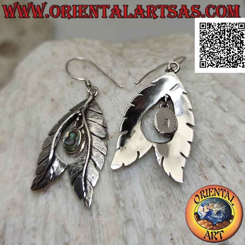 Silver leverback earrings with oval paua shell (abalone) hanging between a pair of shaped leaves