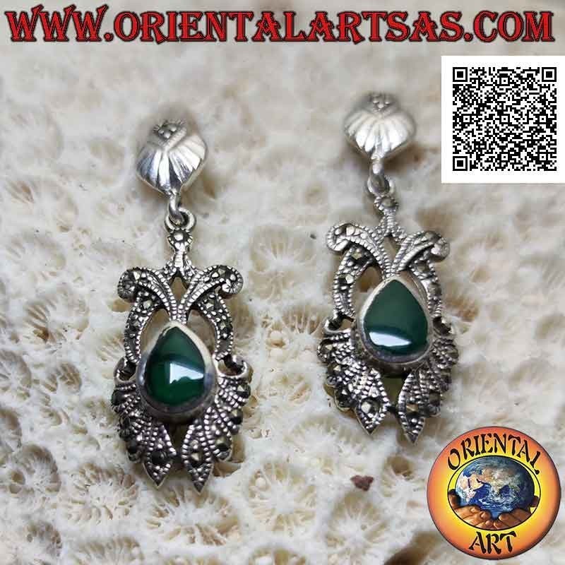 Silver earrings with teardrop green agate on pierced setting studded with marcasite and lobe shell