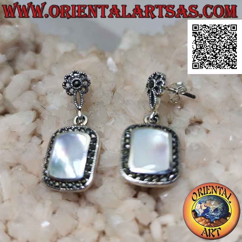 Silver earrings with lobe flower and rounded rectangular mother-of-pearl surrounded by marcasite