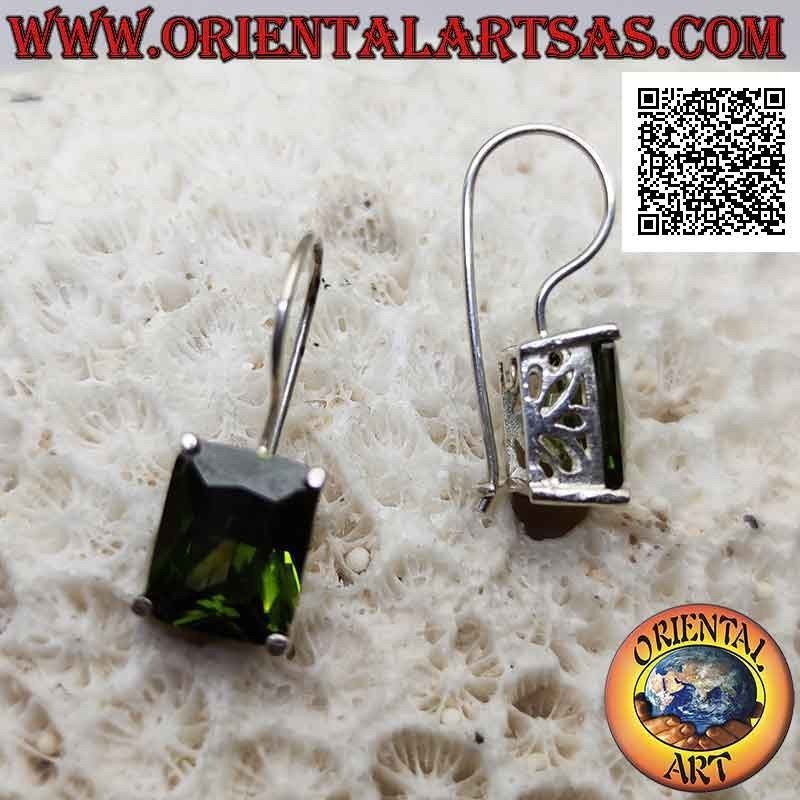Silver earrings with rectangular olive-colored zircon set on a smooth frame with side openings