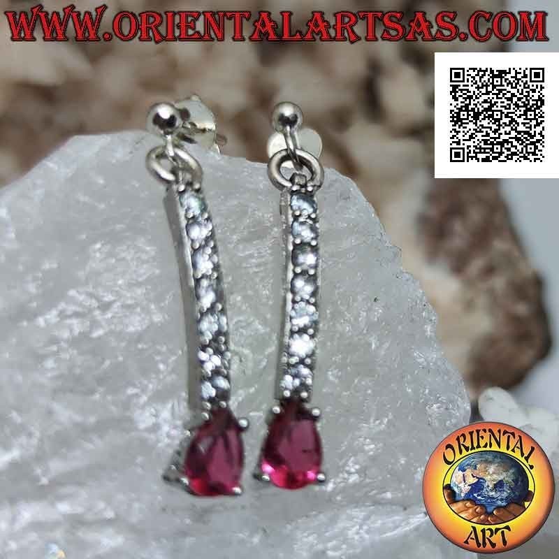 Pendientes mariposa de plata con colgante mini tenis de circonitas blancas con gota roja final