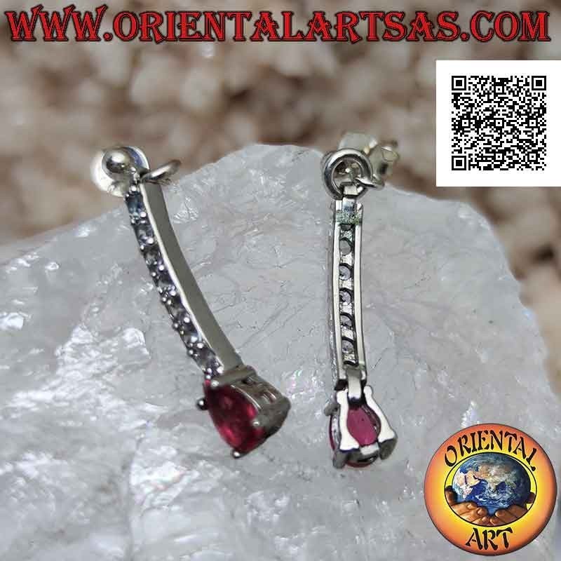Orecchini in argento a farfalla con mini tennis pendente di zirconi bianchi con goccia rossa finale