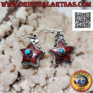 Pendientes de plata en forma de estrella con coral antiguo y turquesa central (nepalí)