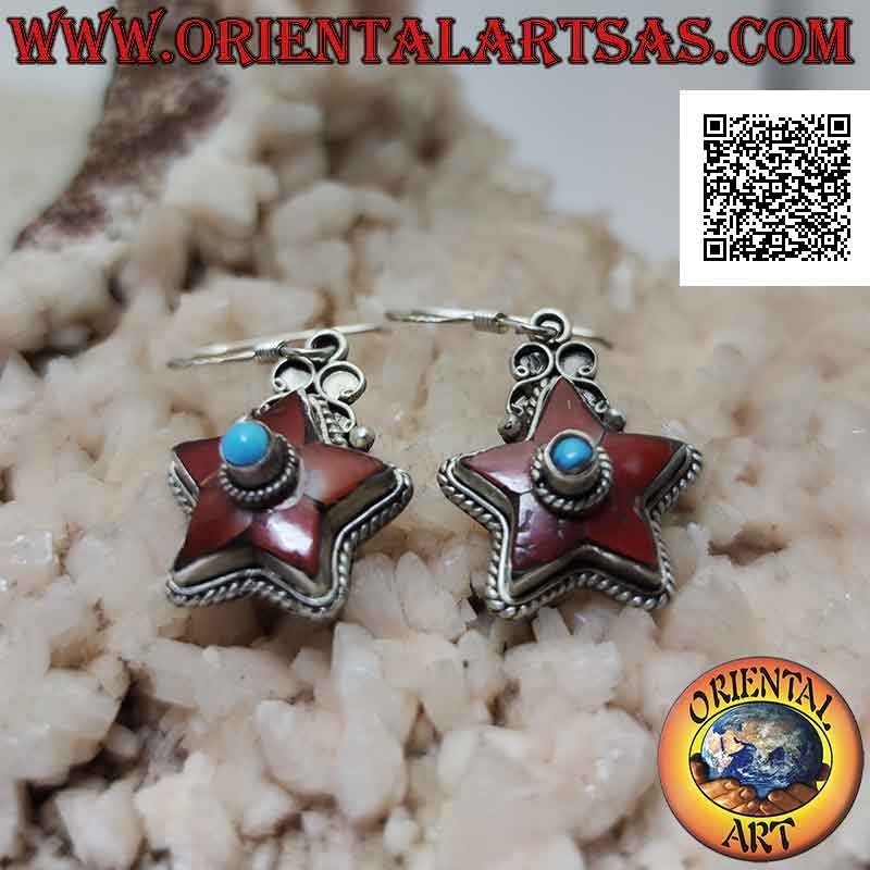 Boucles d'oreilles en argent en forme d'étoile avec corail ancien et turquoise centrale (népalais)