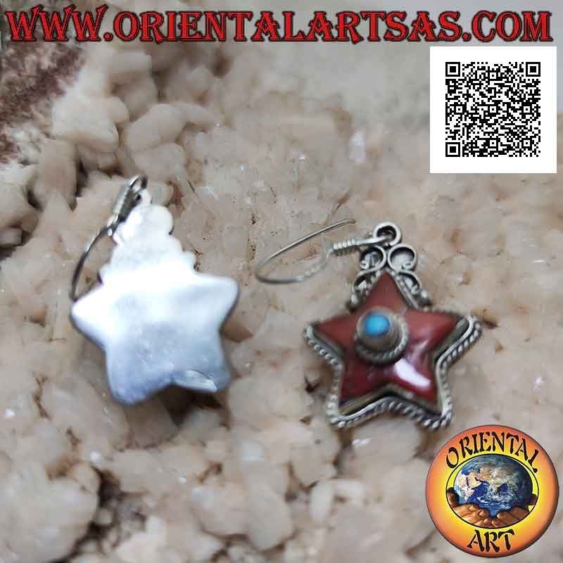 Pendientes de plata en forma de estrella con coral antiguo y turquesa central (nepalí)