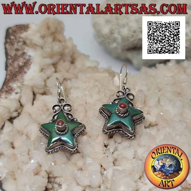 Orecchini in argento a forma di stella con turchese antico e corallo centrale (Nepalesi)