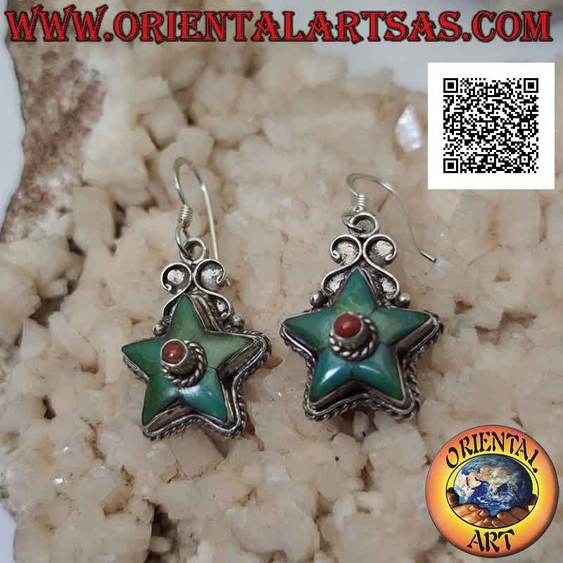 Pendientes de plata en forma de estrella con turquesa antigua y coral central (nepalí)