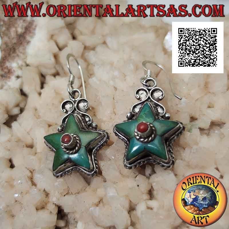 Boucles d'oreilles en argent en forme d'étoile avec turquoise antique et corail central (népalais)