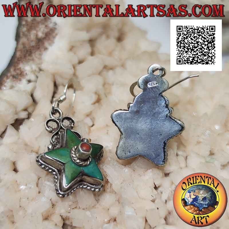Orecchini in argento a forma di stella con turchese antico e corallo centrale (Nepalesi)