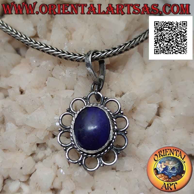 Pendentif en argent avec lapis lazuli ovale naturel entouré de tissage et de cercles ajourés
