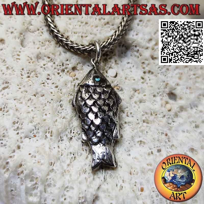 Ciondolo in argento a forma di pesce tridimensionale con occhi turchese