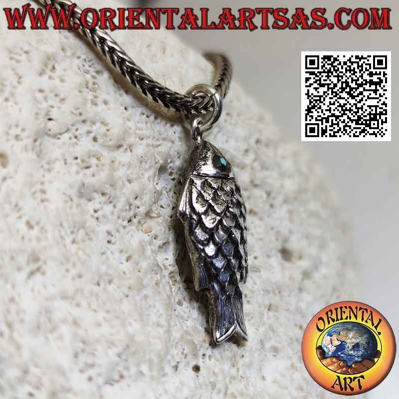 Pendentif en argent en forme de poisson en trois dimensions avec des yeux turquoise