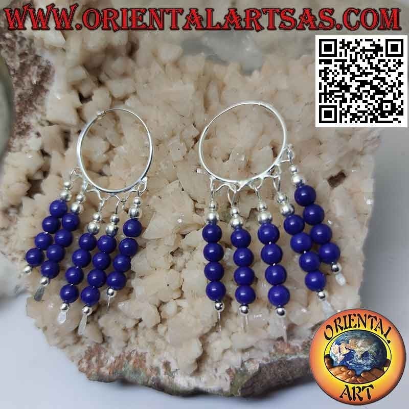 Silver earring, 20mm smooth circle with 5 rows of pendant lapis beads