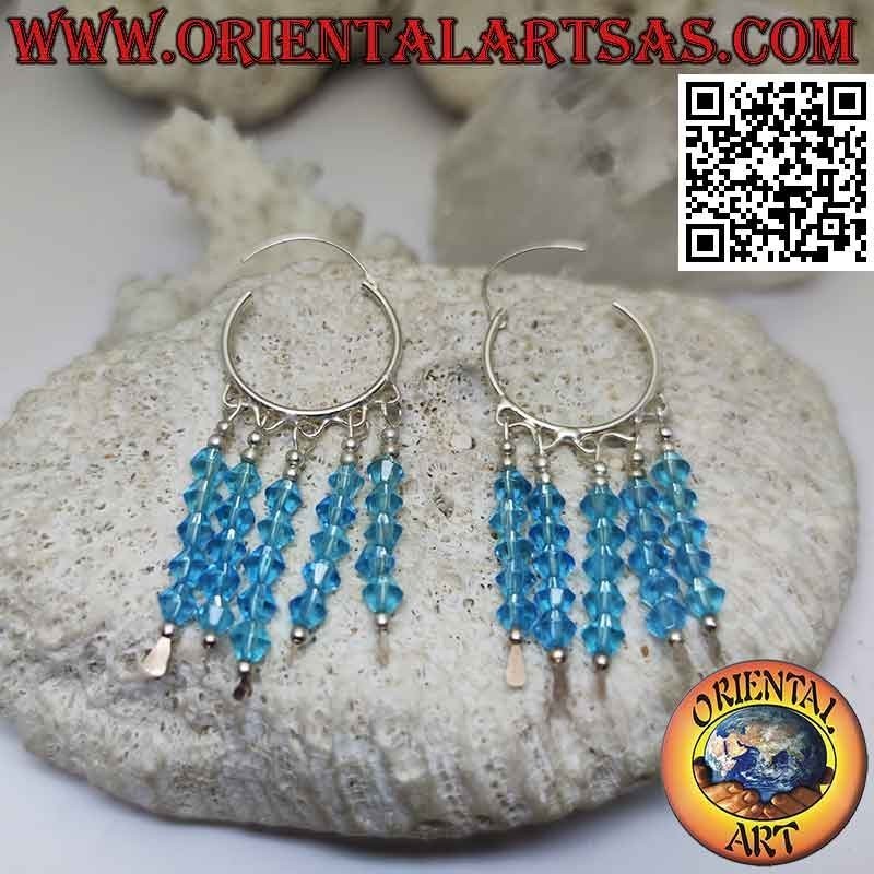 Silver earrings, 20 mm smooth circle with 5 rows of hanging light blue crystals