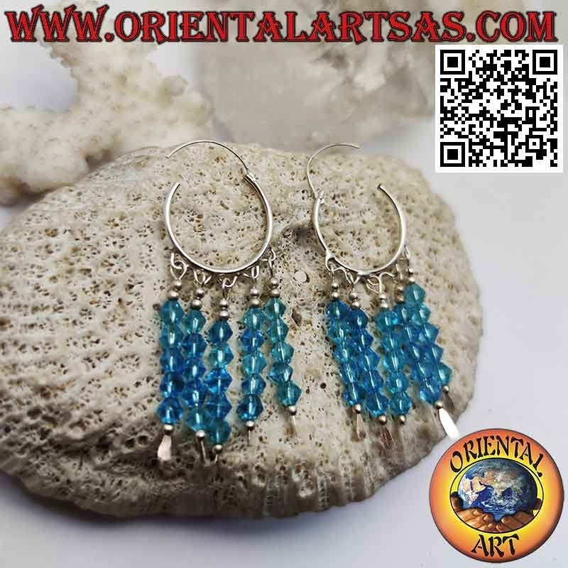 Pendientes de plata, círculo liso de 20 mm con 5 hileras de cristales celestes colgantes