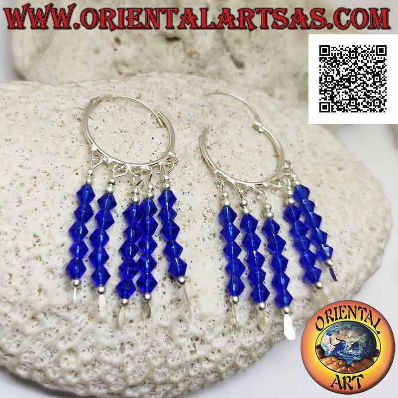 Pendientes de plata, círculo liso de 20 mm con 5 hileras de cristales azules colgantes
