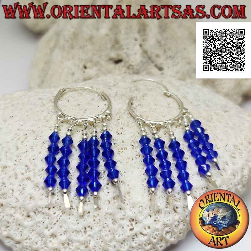 Silver earrings, 20 mm smooth circle with 5 rows of hanging blue crystals