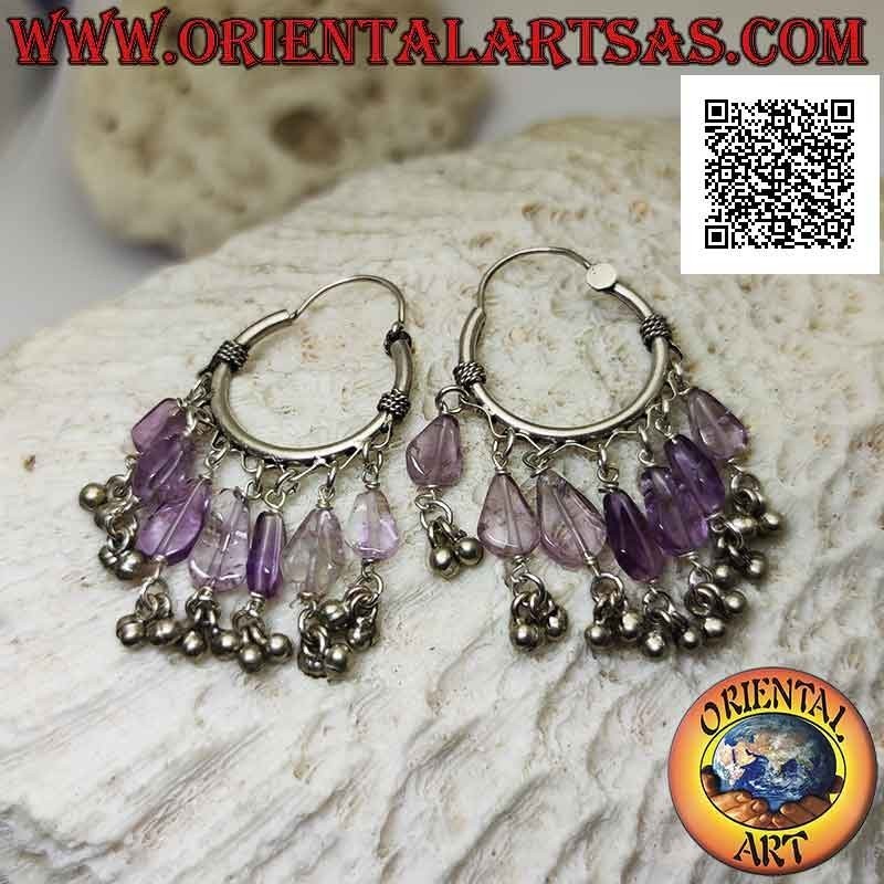 Pendientes de plata, círculo trabajado de 22 mm con 7 cristales de amatista colgantes