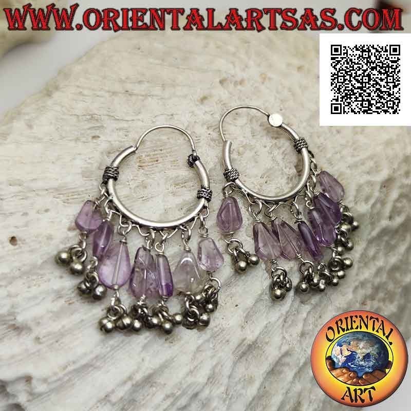 Pendientes de plata, círculo trabajado de 22 mm con 7 cristales de amatista colgantes