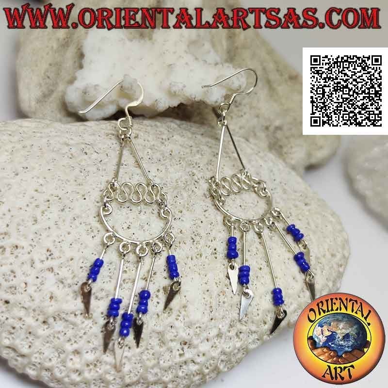 Silver earrings with hooked bow and 5 rows of trio of lapis lazuli beads with pointed platelets