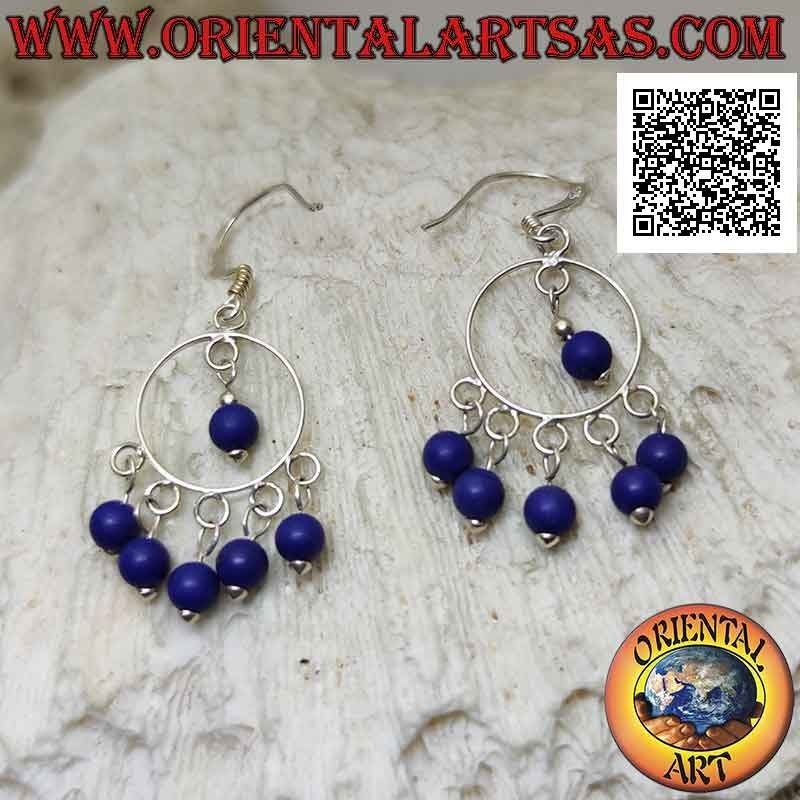 Silver leverback earrings with headband and 5 lapis lazuli beads and one pendant in the center